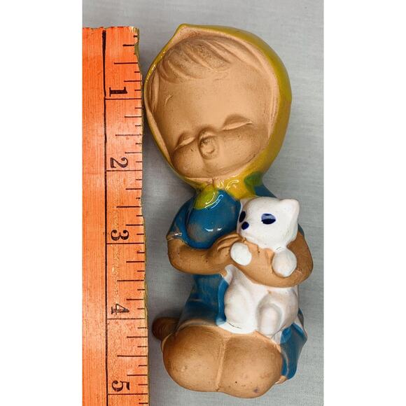Uctci Japan Figurine Girl Pottery Red Clay 5" Vintage 1960s MCM Blue Dress Cat - Picture 11 of 11
